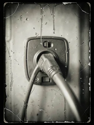 Electric vehicle charging port closeup, cable inserted, glass plate imperfection