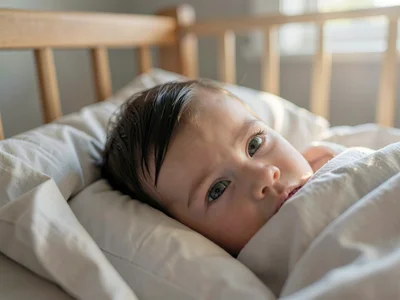 Baby's eyes opening in crib, the pure first consciousness, morning light through