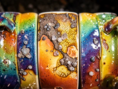 Ceramic mugs in rainbow glaze gradient, six in a row, light catching