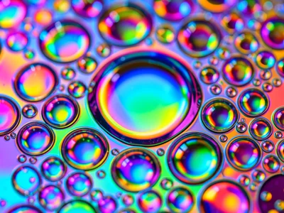 Oil dropped onto water with rainbow gradient beneath, each bubble size refractin