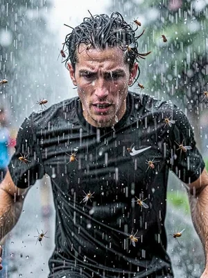 Runner's face frozen in heavy rain, each droplet suspended like hovering insects