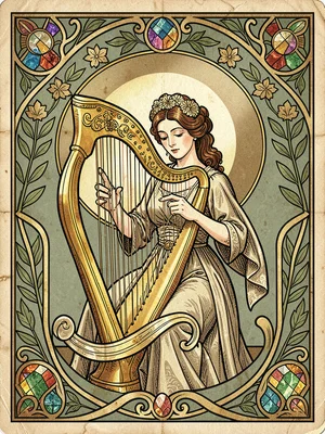Art Nouveau woman playing harp