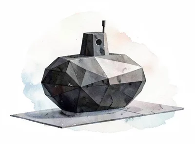 Hollow obsidian lowpoly submarine with a stubby faceted hull and a single dark p