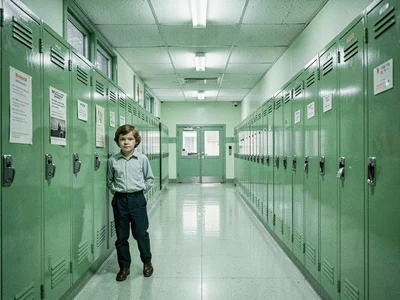 School hallway with green lockers, educational infrastructure, institutional chi