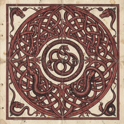 Spiral triskele ornament — three-armed rotation of knotwork on vellum ground