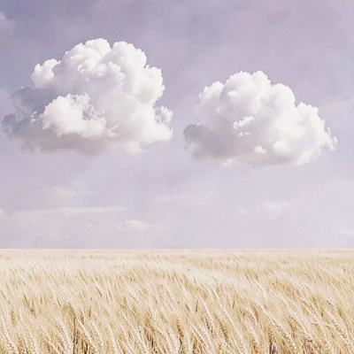 A pair of soft cumulus clouds drift across the upper expanse in lavender against
