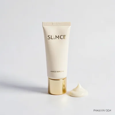 A single tube of hand cream in minimal packaging, cream color with gold cap, a s