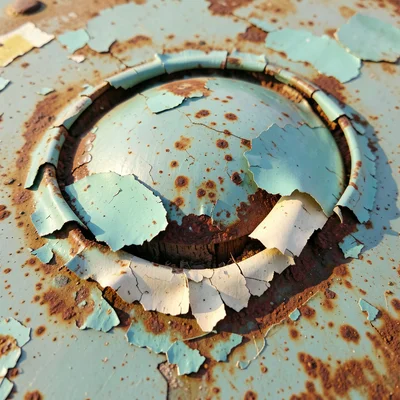 Paint blister on metal surface, dome of lifted paint with visible rust underneat