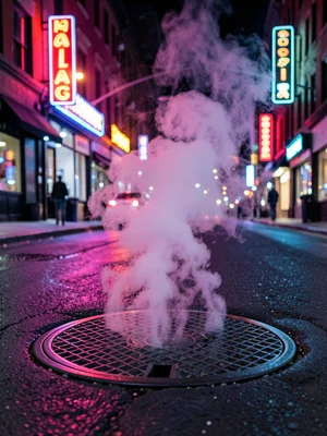 Steam rising from manhole cover, city street, night, neon signs creating colored