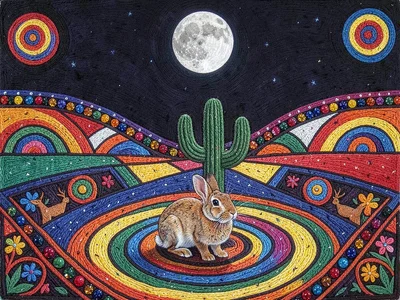Rabbit beneath a cactus — moon above, desert floor as geometric color field
