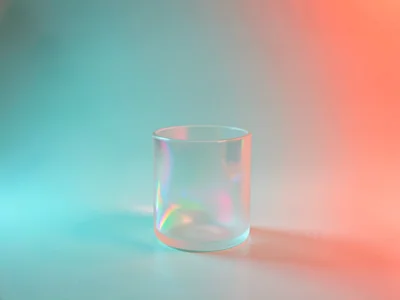 Empty frosted-glass pedestal standing alone in a wide aqua-to-coral gradient roo
