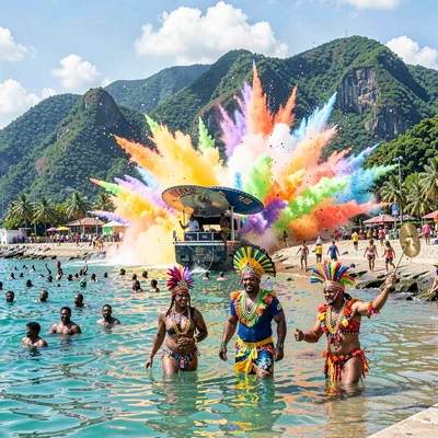 Carnival saturation explosion in Port of Spain, Trinidad, Sea bathers at Maracas