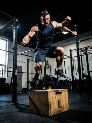 Person doing box jumps in a CrossFit gym, mid-air, intense focus, dramatic light