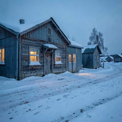 Photograph with Alaskan Arctic sensibility, Weathered wooden building in a small