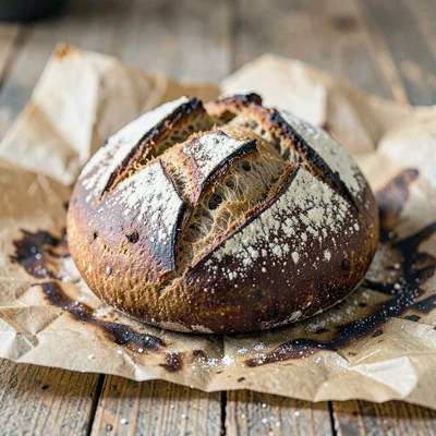 fresh-baked sourdough boule resting on scorched paper, the dark crust split open