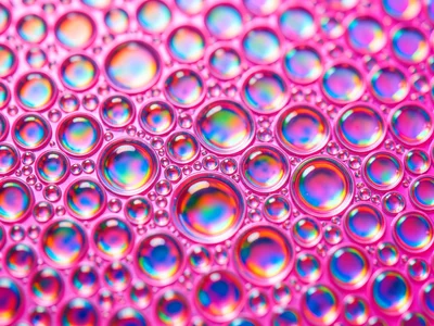 Oil cells on water backlit with soft pink LED, uniform bubble field glowing like