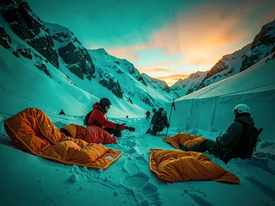 Search and rescue in avalanche zone, orange thermal blankets, teal dawn light on