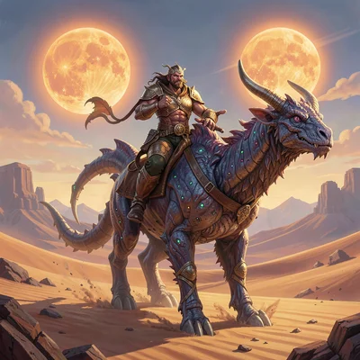 Video game concept art illustration, a beast rider on alien mount, desert world 