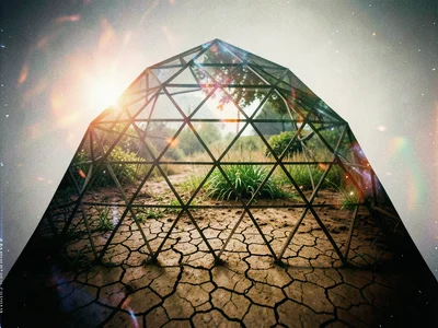 Geodesic dome triangles over cracked mud, engineered and natural tessellation in