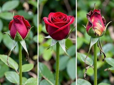 Rose from bud to full bloom to dried in single image, five stages side by side