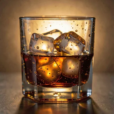 Baltic amber luminescence, backlit golden-brown, Whiskey in a crystal glass, ice