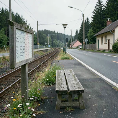 Quiet small town photography, contemplative scene, A rural train platform with n