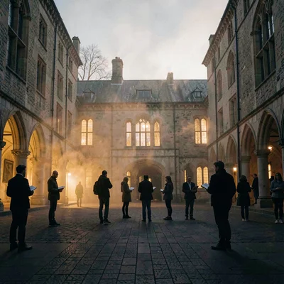 Quiet view across a college courtyard at dusk, scattered silhouettes with notebo