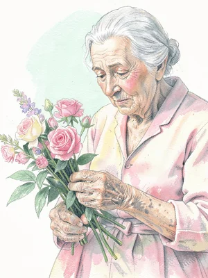 Elderly woman arranging flowers