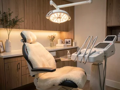 Dentist chair with sheepskin throw, overhead light dimmed to warm glow, spa dent
