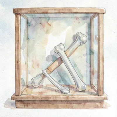 quiet washy interior of a vitrine with bone-handled tools, soft pigment