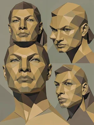 Portrait face shown from front and profile in the same plane, broken into angula