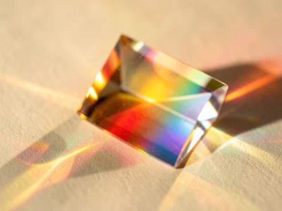 Warm end of the spectrum only, prism filtering just amber-gold-red light onto cr