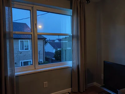 Interior window glow against blue evening