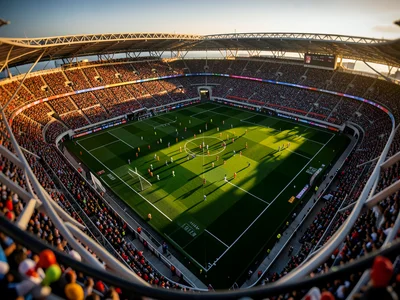 Football stadium during game from blimp view, tilt-shift, toy players on green