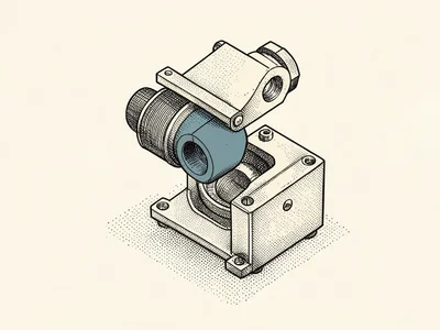 An exploded isometric drawing of a small machine floats apart with a slate-blue