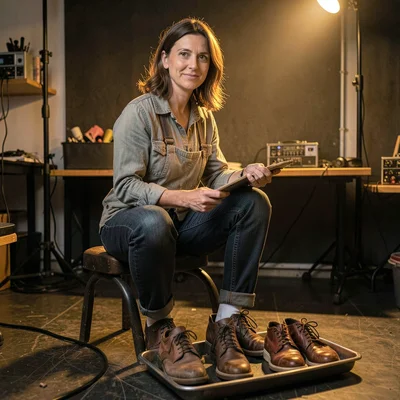 Portrait of a foley artist with a tray of shoes at her feet, warm tungsten