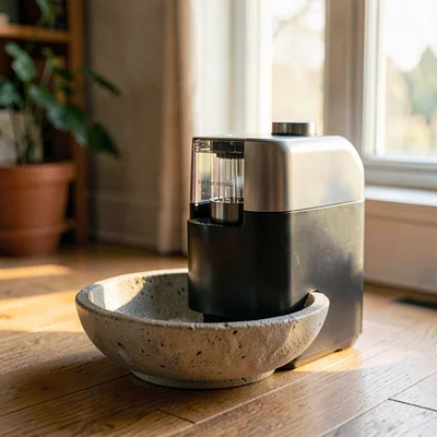 Warm hero of a sleek auto-feeder on a wood floor with a stoneware bowl beneath, 