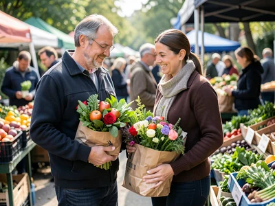 Couple browsing a spring farmers market, holding bags of fresh produce and flowe