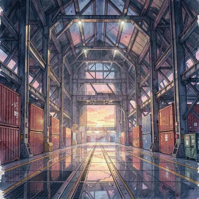 Environment lookdev of a futuristic cargo hangar at sunset, painterly digital re