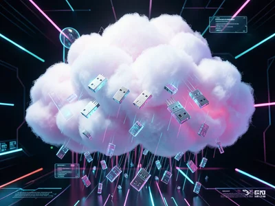Cloud literally made of cotton candy but raining USB drives, absurdist