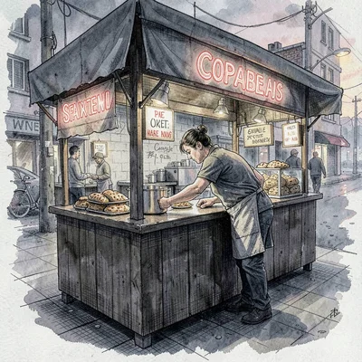 Crosshatched study of a falafel stand at twilight, a vendor leaning over the cou