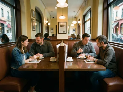 Diner booth with identical coffee cups, identical menus, identical people who ar