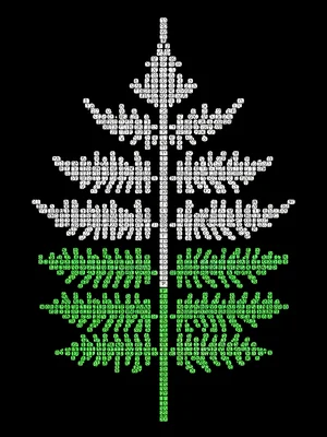 A fern frond in white ASCII, its compound leaflets as symmetric character cluste