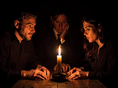 Séance table, hands around candle, faces emerging from darkness, the supernatura