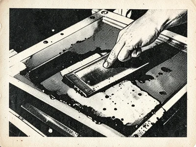 Hands pulling a squeegee across a silkscreen, ink flooding the mesh