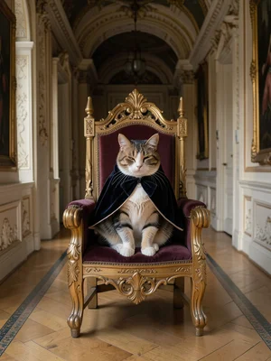 on a miniature throne in a baroque palace hallway, wearing a tiny velvet cape