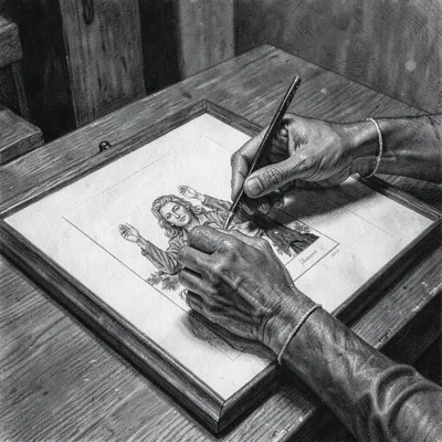 Charcoal portrait of hands aligning a print into an opened mat with thin gloves