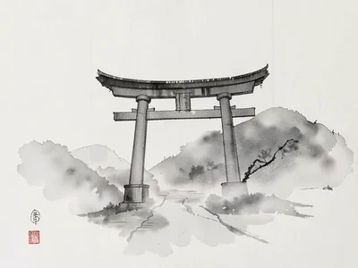 Torii gate emerging from fog suggestion