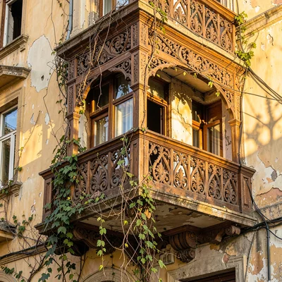 Crumbling Art Nouveau balconies in golden Tbilisi light, carved wooden balcony r