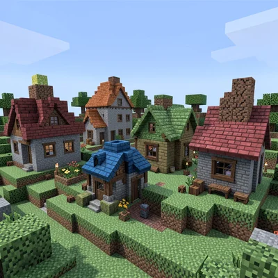Voxel 3D illustration, blocky medieval village , cubic voxel construction, block